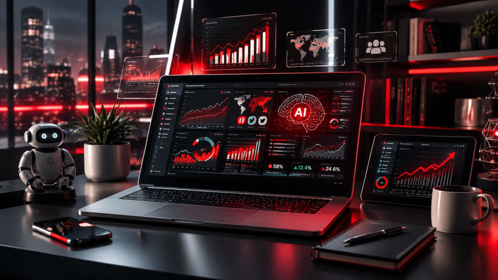 AI in digital marketing workspace showing SEO analytics, social media metrics, advertising performance, lead generation, and customer insights
